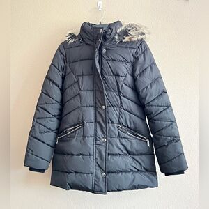 London Fog Faux Fur Trim Hooded Down Puffer Coat